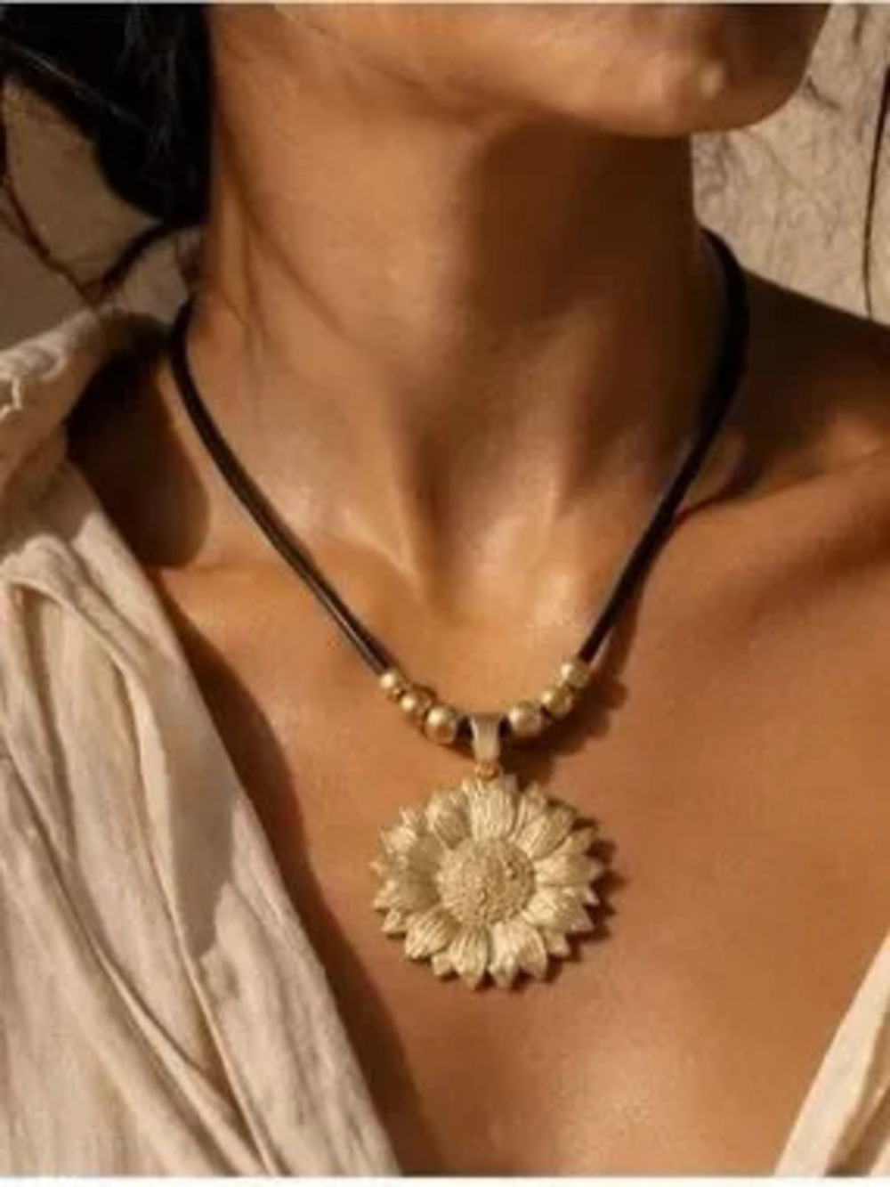 Sunflower Medallion on Black Cord Necklace